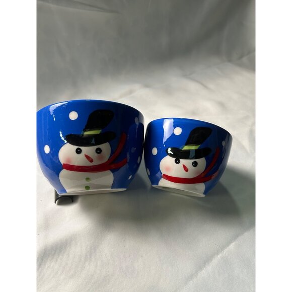 Mary Engelbreit Hand Painted Snowman Bowls Set 2 ND Blue White Polka Dot Winter - Picture 10 of 10
